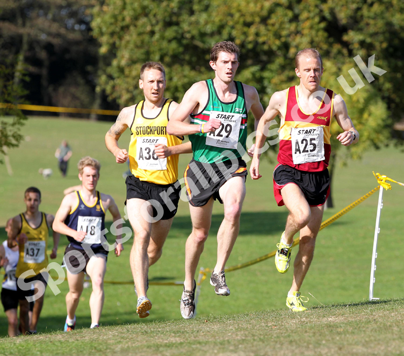 Steve Hepples (Loftus and Whitby) leads James Bailey (Sale Harriers) and Garry Bristow (Stockport Harriers), Senior Men, Northern Cross Country Relay, Graves Park, Sheffield.